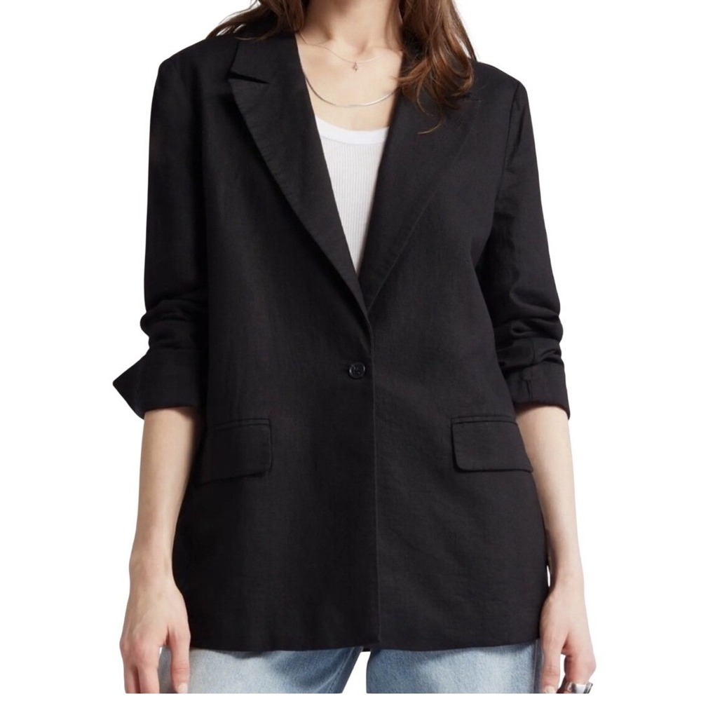 Treasure & Bond Womens Black Linen Blend Single Button Blazer Jacket Size Small